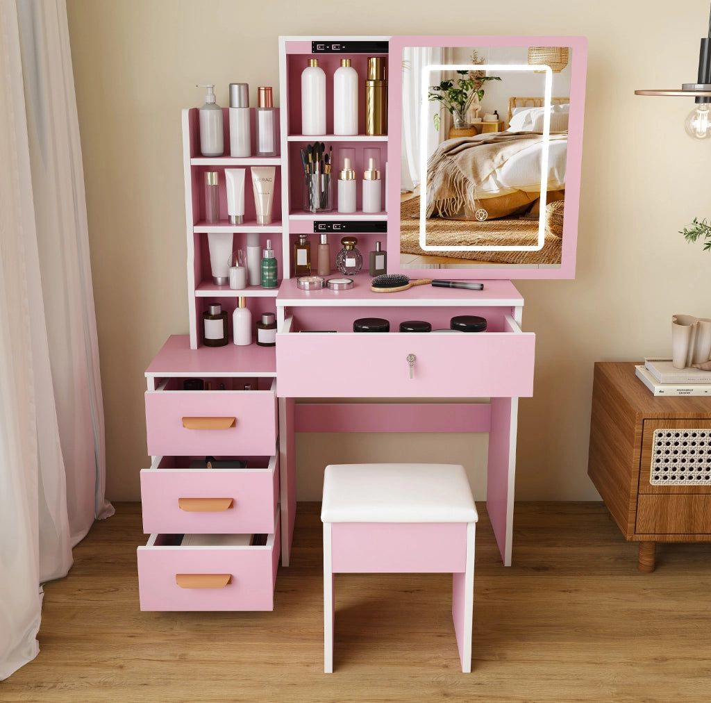 Toeletta rosa con specchio LED, sgabello e vani contenitore