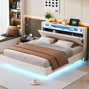 Letto imbottito 160x200 cm beige in tessuto di lino con LED e USB