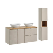 Set AOKI : mobile sotto lavabo con ante e cassetti 120cm + piano lavabo in rovere + lavabo bianco rotondo da appoggio + colonna