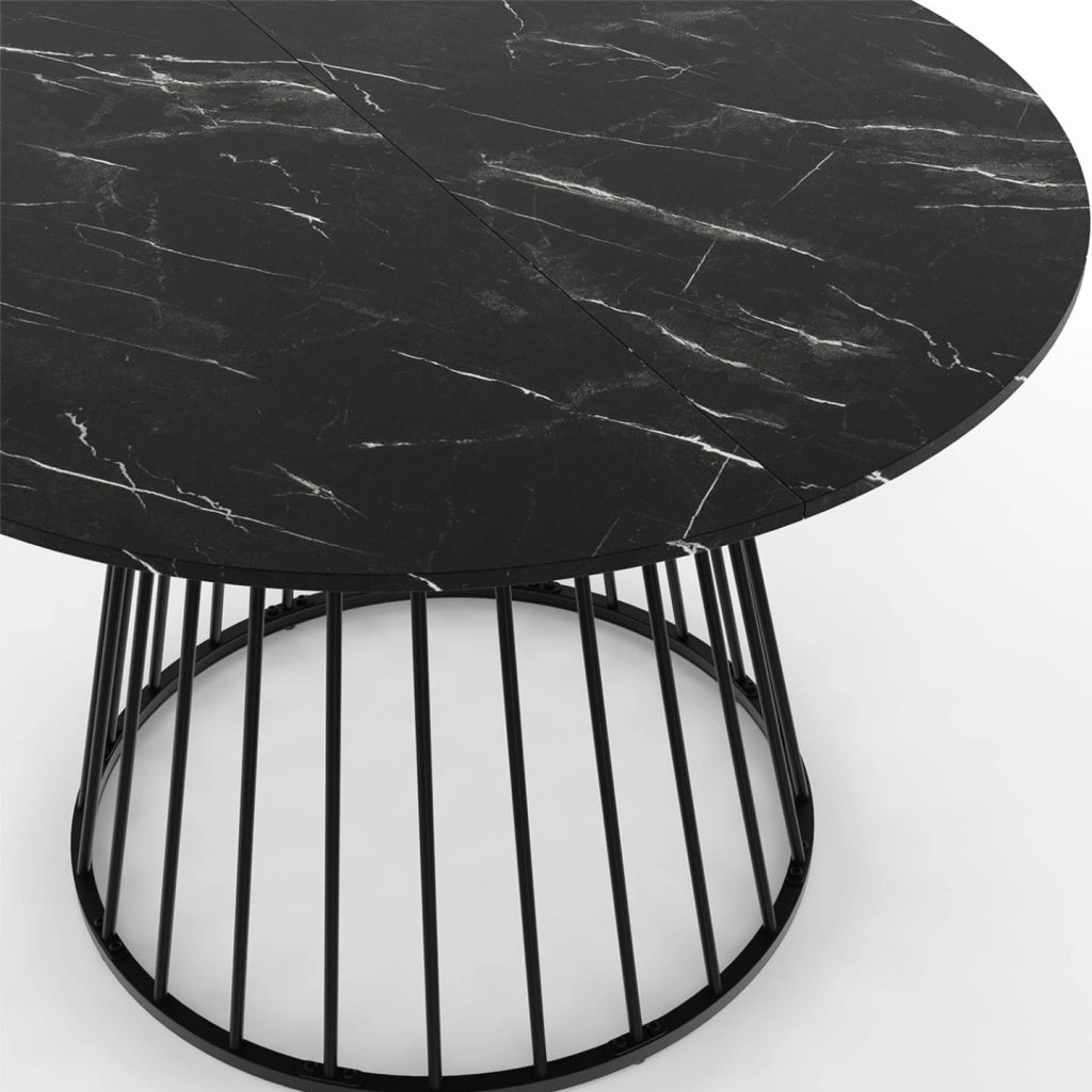 Tavolo da pranzo rotondo per 6 persone YUNA con piano in marmo nero effetto ALASKA e gamba in filo metallico nero 110 cm