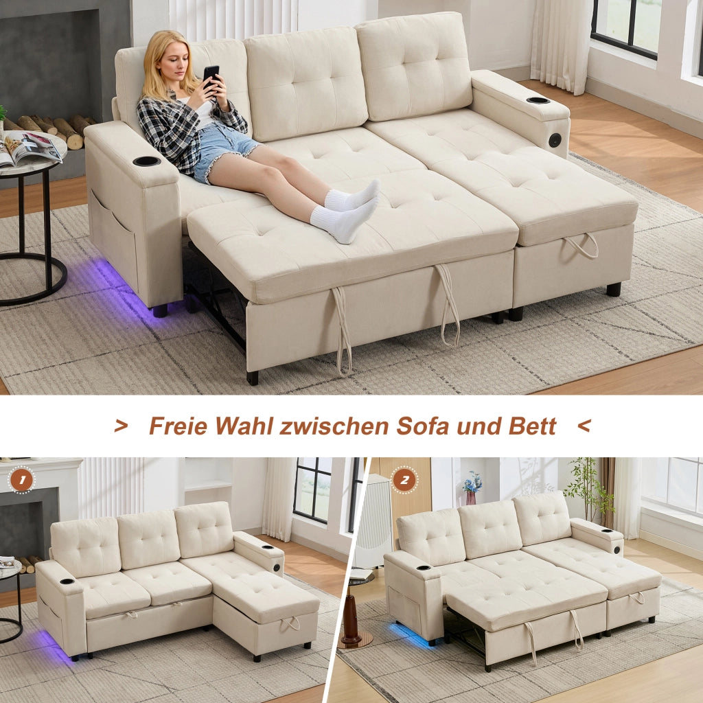 Divano Letto con Contenitore, LED, USB-C, Portabicchieri e Tasche, in Tessuto, Beige