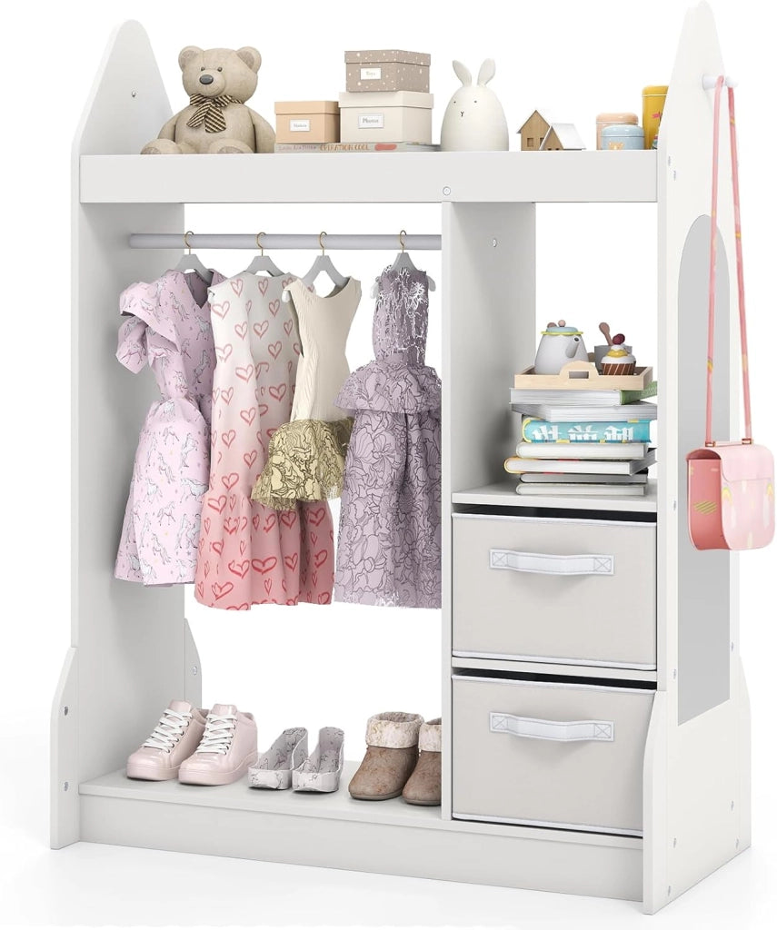 Guardaroba per Bambini, Armadio Gioco con Specchio Appendiabiti, Cassette in Tessuto Pieghevoli, Organizer per Stanza e Camera da Letto, 81 x 38 x 107 cm (Bianco)