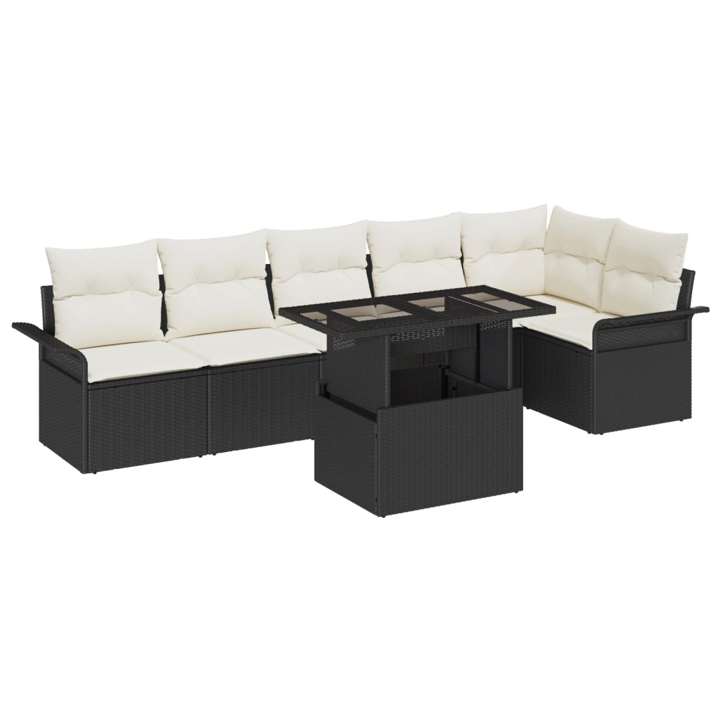 Set di SofÃ  da Giardino a 7 Pezzi con Cuscini Nero Rattan Policarbonato