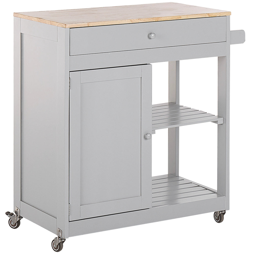 Carrello da cucina MDF grigio legno di gomma 75 x 43 x 87 cm armadio porta asciugamani 2 ripiani posate cassetto ruote