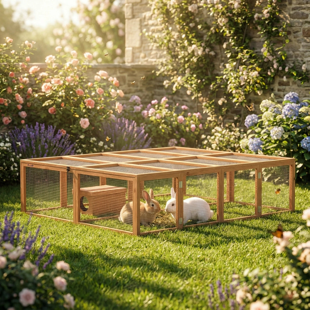Gabbia per conigli in legno con 2 porte e casetta rifugio ¨C zephmum ¨C 180x150x48 cm arancione