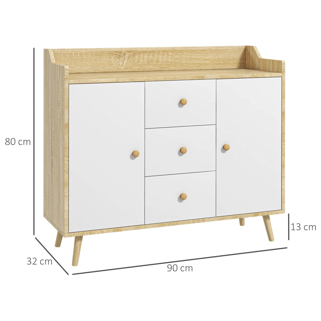 Mobile Credenza 3 Cassetti 90x32x80A cm in Truciolato e Legno di Pino Bianco