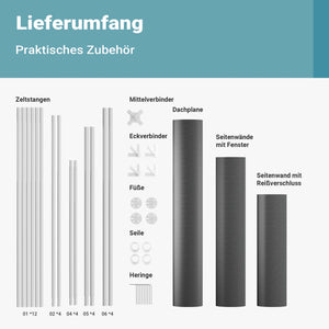 Toboli Gazebo 3 x 3 m in grigio con protezione UV 50+, tendone da giardino con lati rimovibili, tenda da festa con finestre, ad esempio per terrazze e festival
