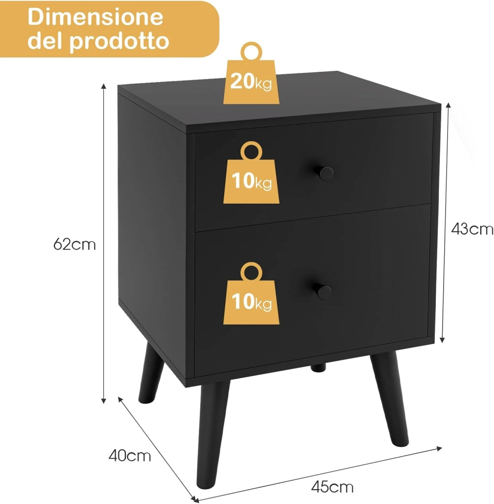 Comodino 45 x 40 x 62 cm per Camera da Letto con 2 Cassetti, Tavolino Moderno da Salotto con Solide Gambe in legno di Gomma, Mobile Salvaspazio per Soggiorno (Nero)