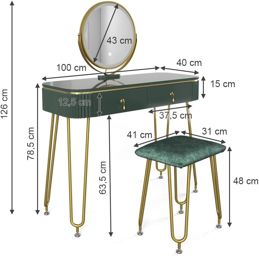 Vicco Tavolo da toeletta Grace, Verde scuro lucido, 100 cm con illuminazione LED e sgabello, con illuminazione LED e sgabello come seduta