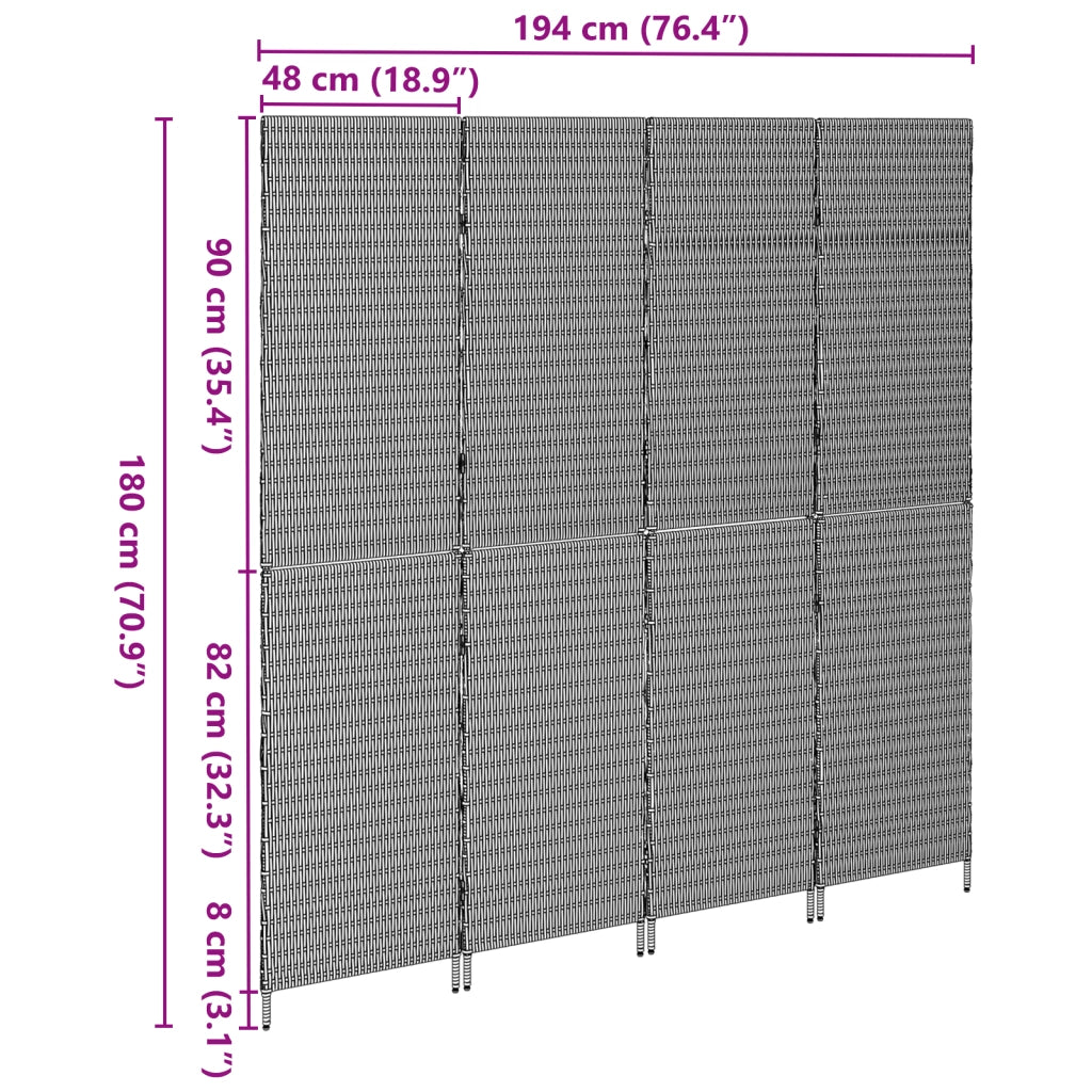 Divisorio per stanze 4 pannelli pieghevole marrone 195x180 cm in poly rattan