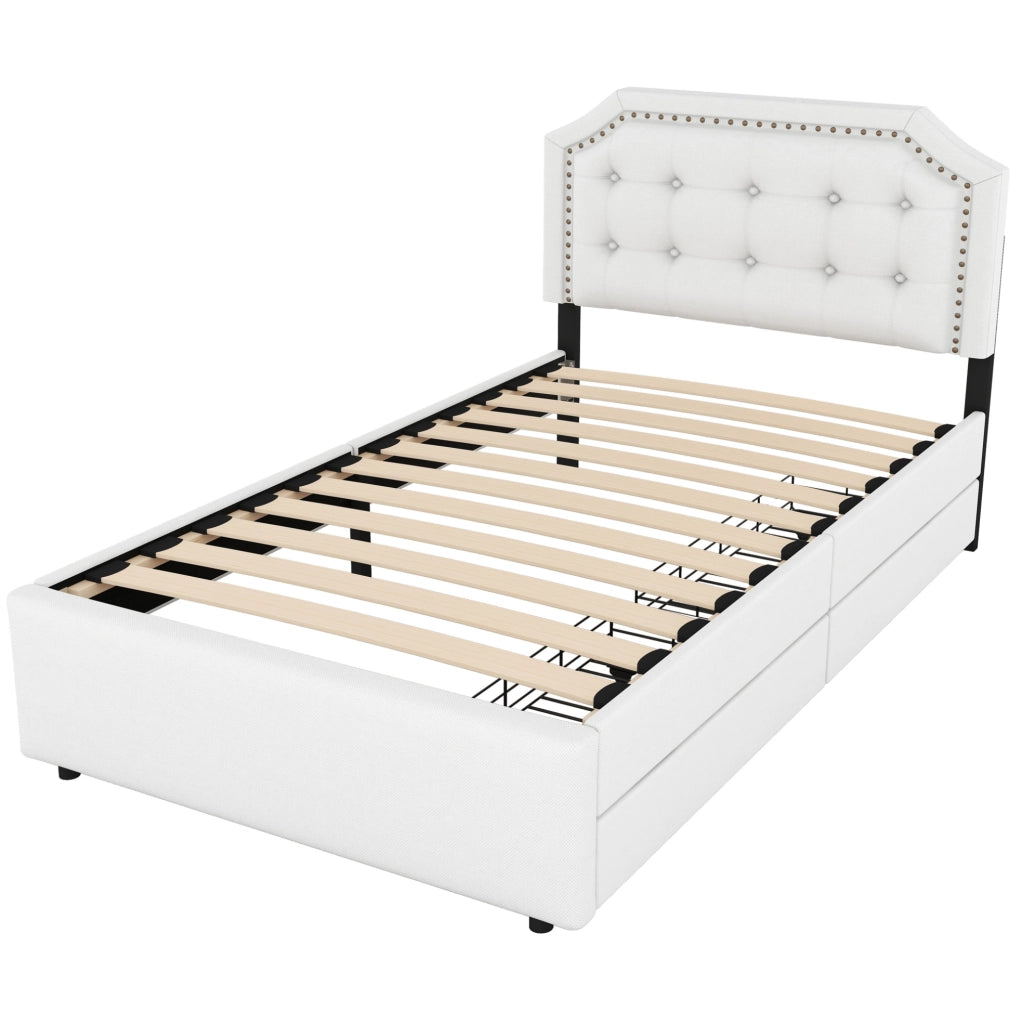Letto imbottito 90x200 cm con 2 cassetti; testiera regolabile; in MDF e lino; beige chiaro