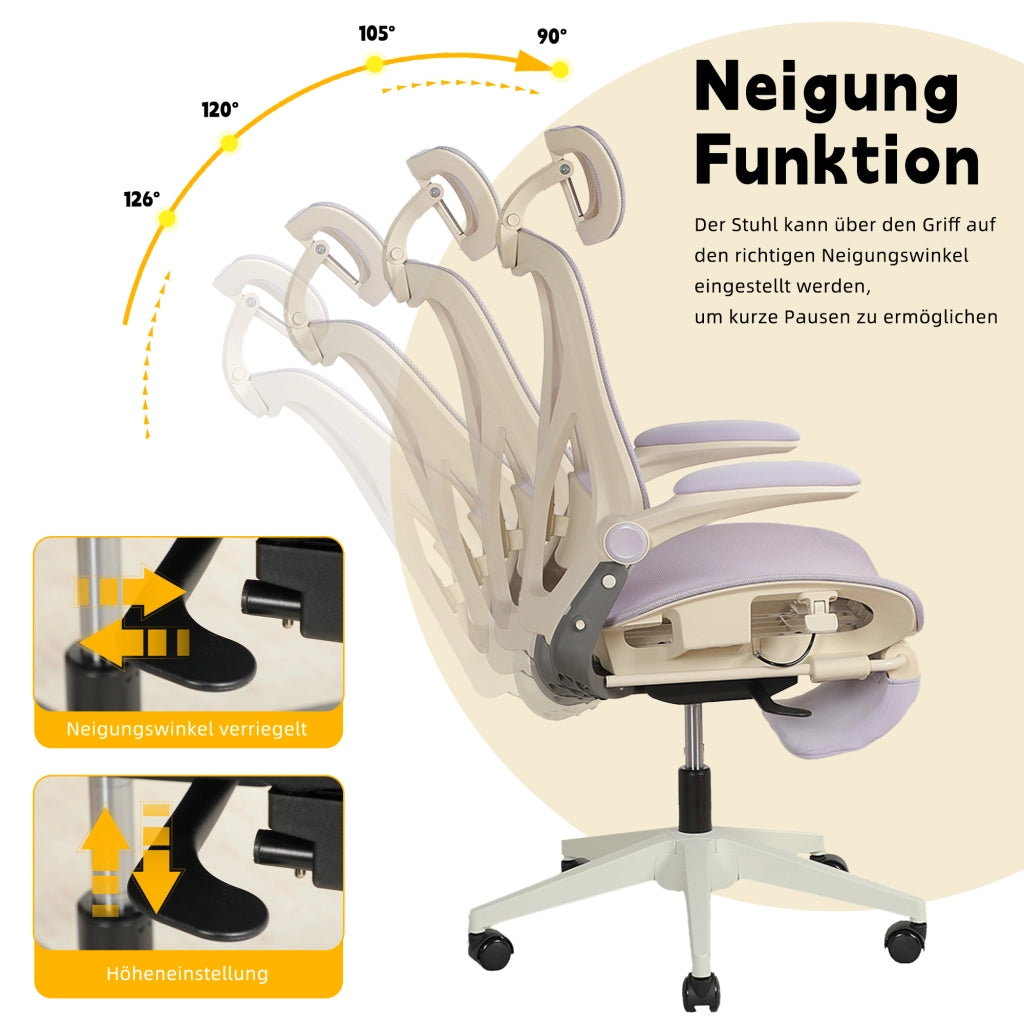 Sedia da ufficio ergonomica pieghevole con supporto lombare e poggiatesta regolabile in mesh viola per lavoro