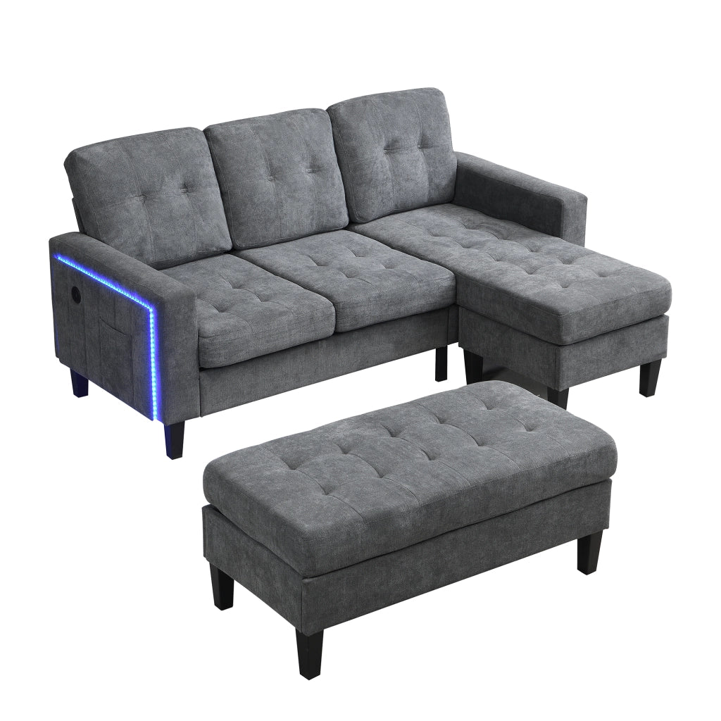 Divano angolare modulare L con poggiapiedi XXL, LED a 5 colori, USB, tessuto Chenille, Grigio Antico