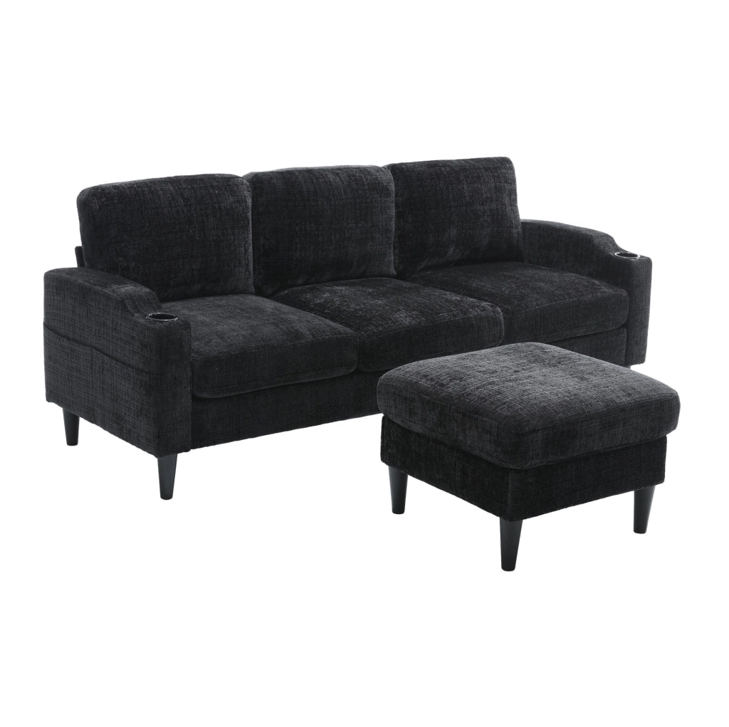 Divano 4 posti con pouf contenitore 196.5x75x77 cm in chenille nero