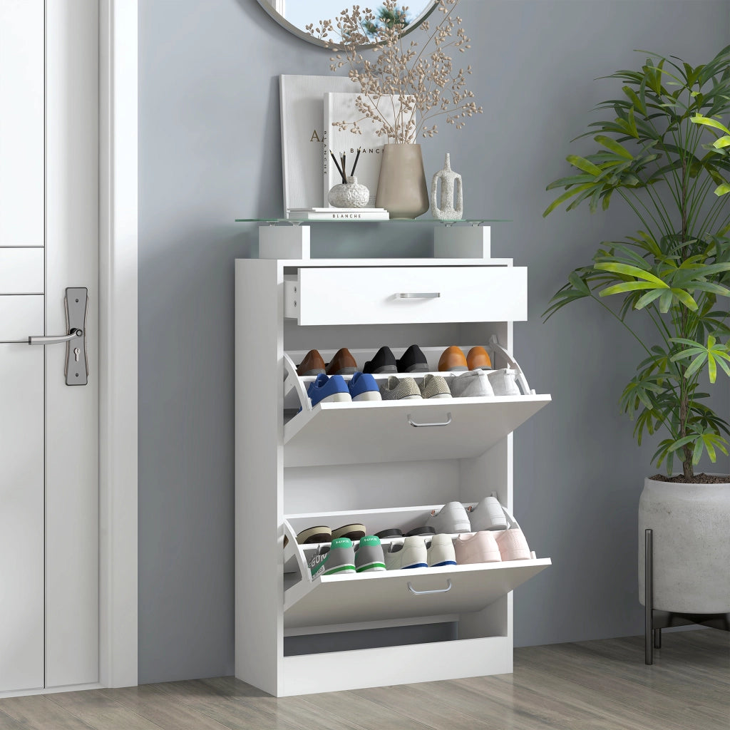Armadio Scarpiera con Cassetti e Ripiano in Vetro ¨C Zephmum ¨C Bianco 60x24x105,5 cm