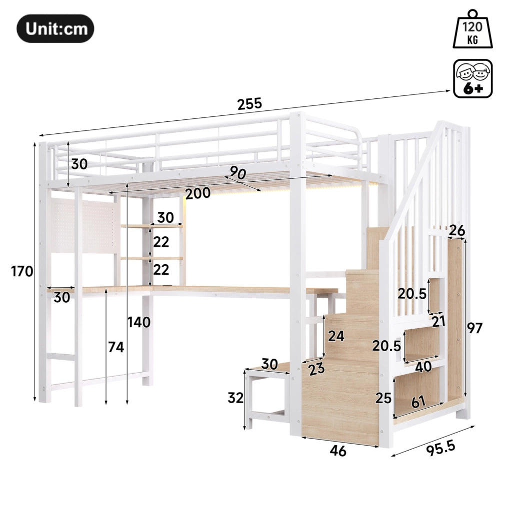 Letto a soppalco 90 x 200 cm con scrivania, LED, USB e USB-C bianco