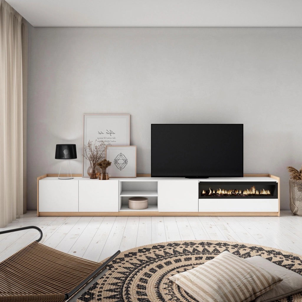 Mobile TV Soggiorno, 310x50x37 cm, Per TV fino a 80", Camino elettrico, Bianco e Rovere soft