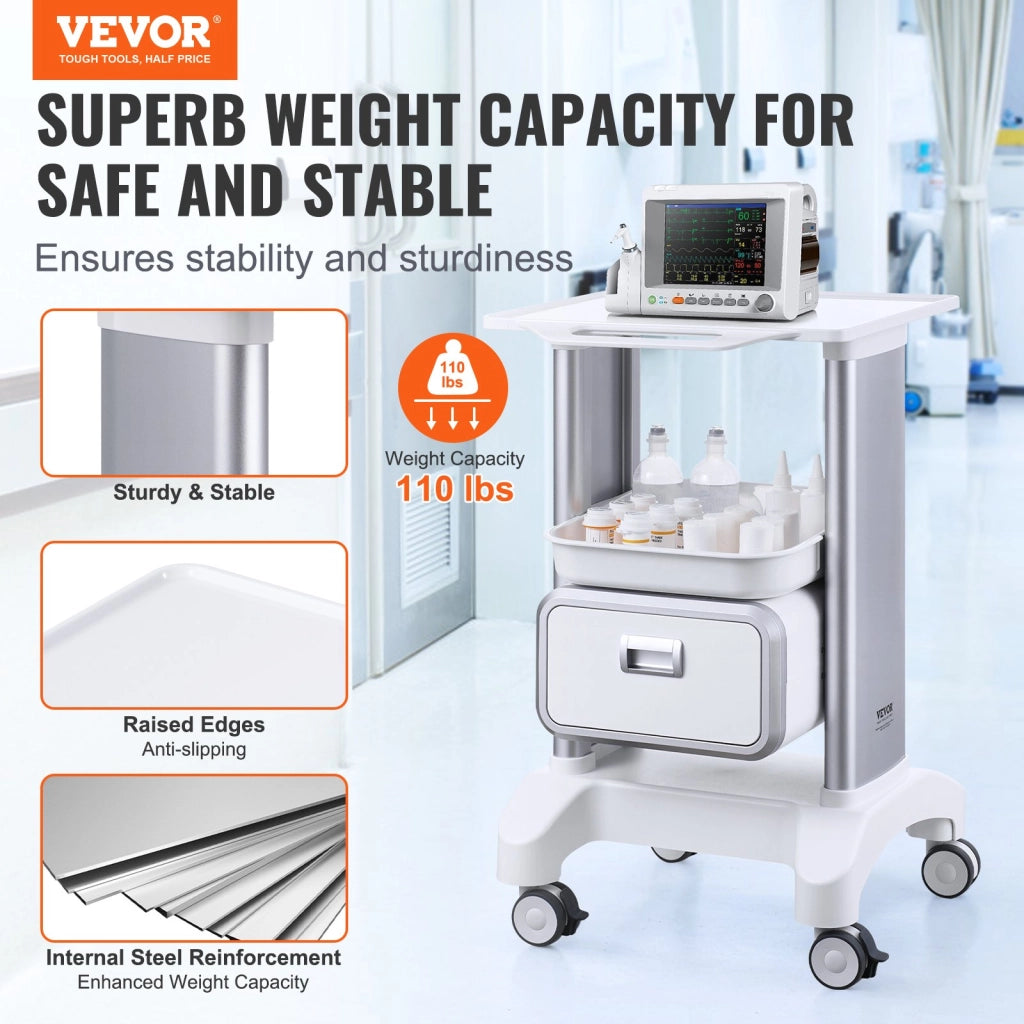 Carrello Multiuso da Laboratorio Y-1T1C a 2 Ripiani con Cassetto e Vassoio, in ABS Bianco, 4 Ruote con Freni, Robusto e Pratico per Officina e Salone