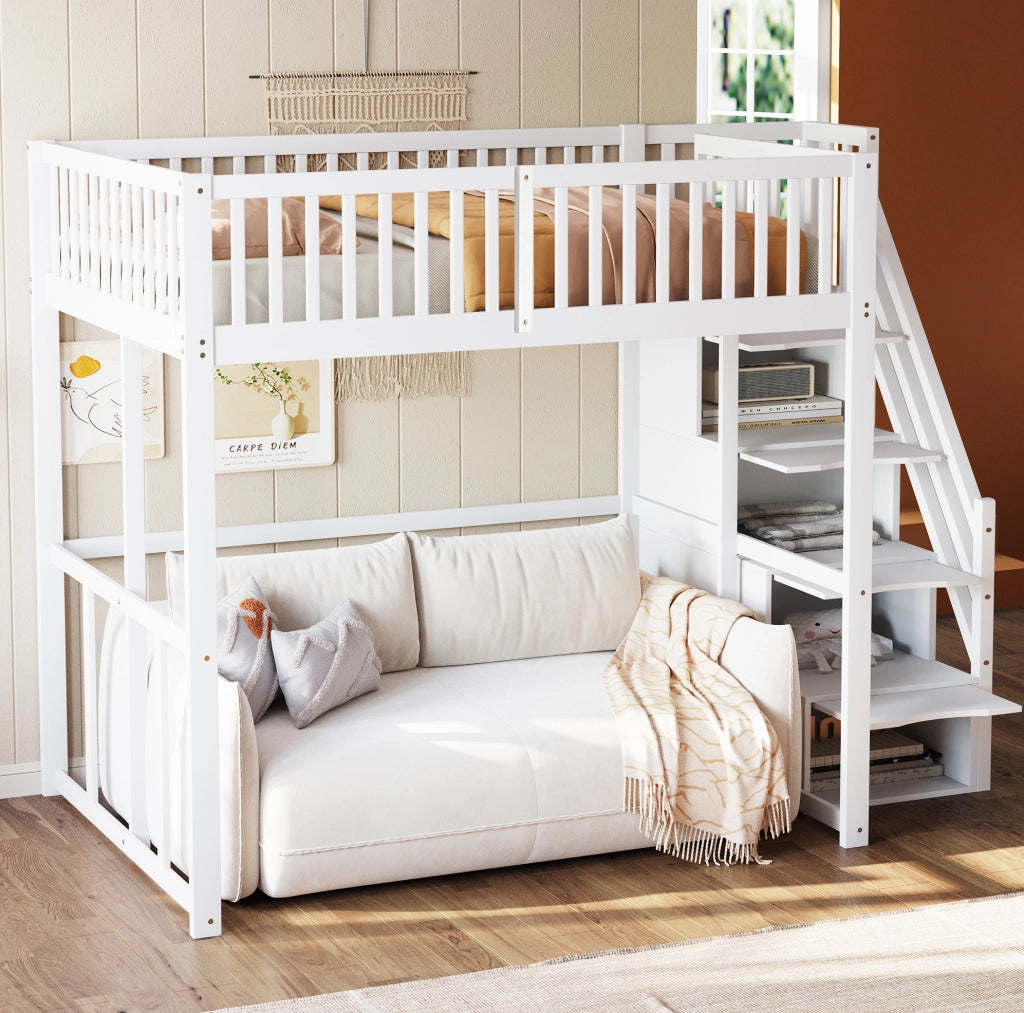 Letto a soppalco 140x200 cm con scala contenitore e sbarre di sicurezza in legno bianco