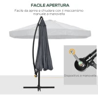Ombrellone da Giardino 3x3 m con Zanzariera, Apertura a Manovella e Base a Croce, Grigio Scuro