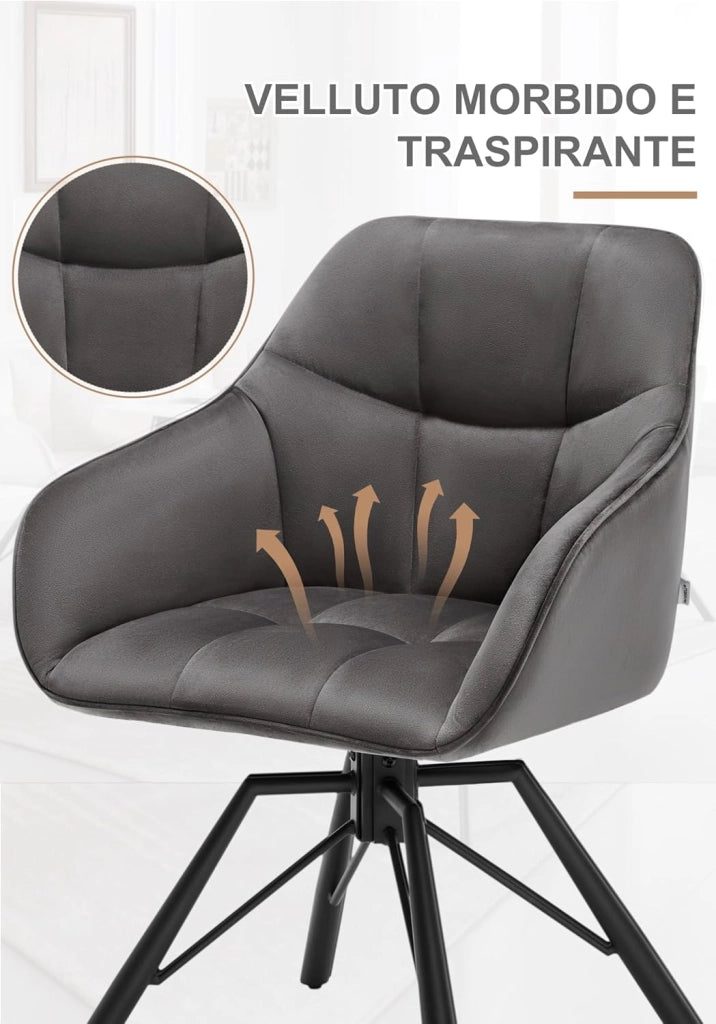 Sedia per Sala da Pranzo Girevole a 360°, Sedia da Cucina Imbottita con Gambe in Metallo, Poltroncina in Velluto per Camera da Letto, Soggiorno, Grigio Scuro, BH365dgr-1