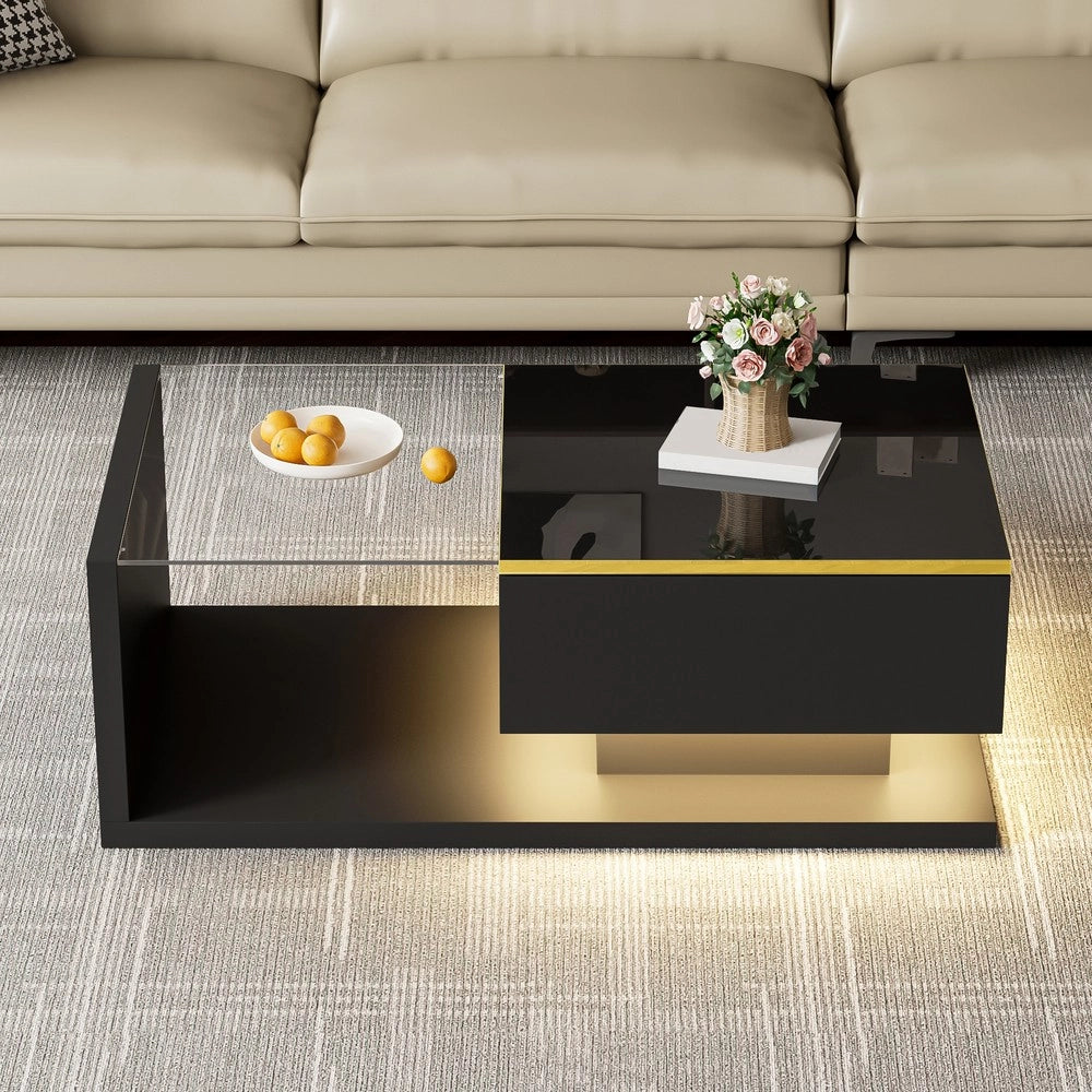 Tavolino da Caff¨¨ con LED e Vetro ¨C MINIMAL ¨C Nero Lucido 90 cm