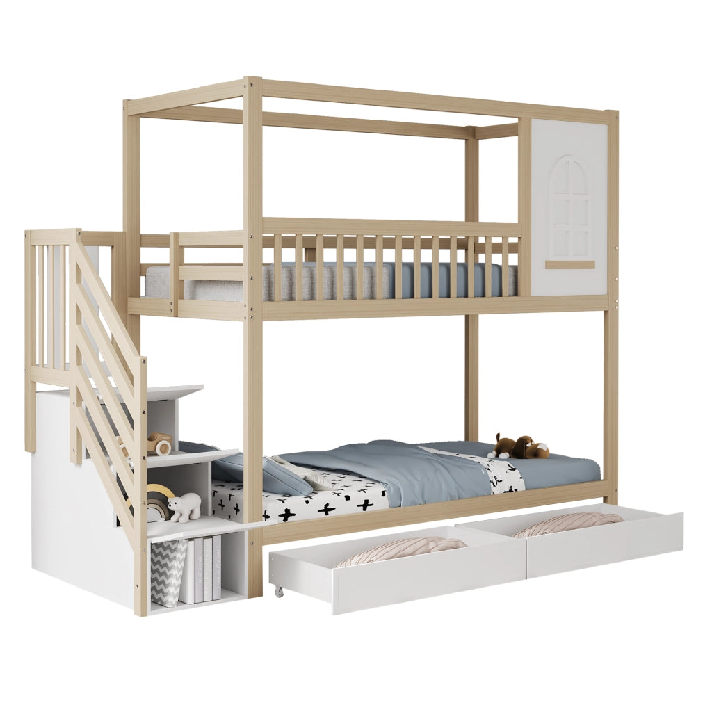 Letto a Castello per Bambini 90x200 cm; Letto 2 Posti - Casetta; Scaletta con Cassetti; Ganci - Legno Naturale