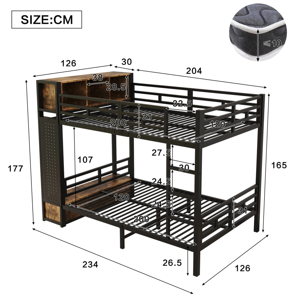 Etagenbett in metallo nero 120x200 cm con armadio; cassetto e vani portaoggetti