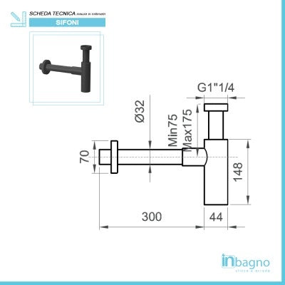 Sifone lavabo a canna tonda nero opaco completo di piletta click clack