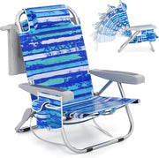 Sedia da Spiaggia, Sdraio Pieghevole a 5 Posizioni con Portabicchieri, Poltrona da Spiaggia con Cuscino per Testa e Zaino, Sedia da Campeggio Portatile, Portata 150 kg (1, Blu Scuro)
