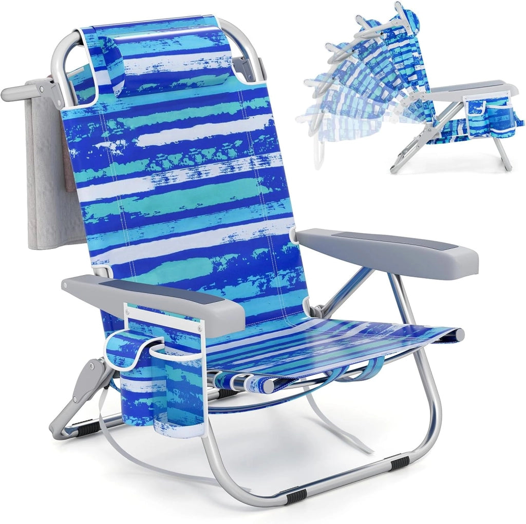 Sedia da Spiaggia, Sdraio Pieghevole a 5 Posizioni con Portabicchieri, Poltrona da Spiaggia con Cuscino per Testa e Zaino, Sedia da Campeggio Portatile, Portata 150 kg (1, Blu Scuro)