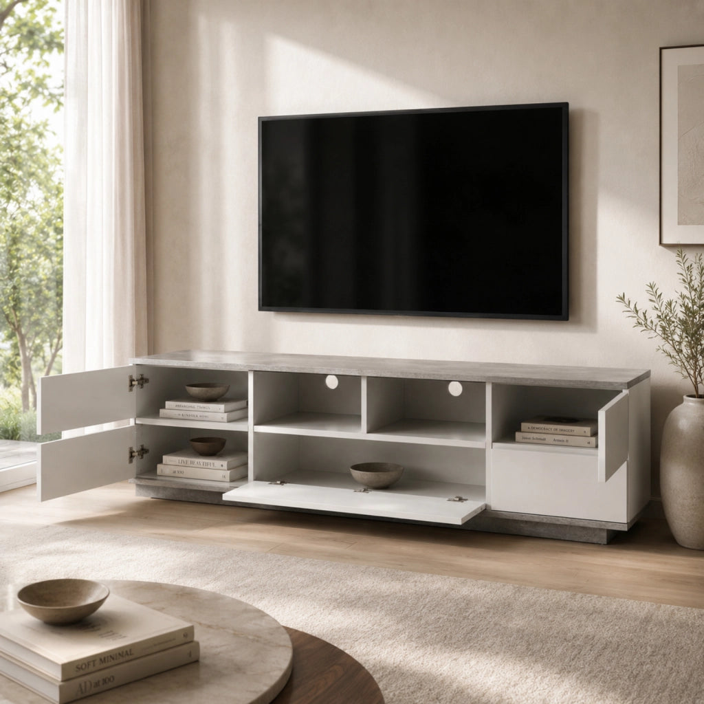 Mobile TV Moderno In MDF Con 4 Ante Anta A Ribalta 2 Vani A Giorno Passacavi Mobile Porta Televisore Per Soggiorno Living Salotto Design Funzionale E Contemporaneo 180 x 38 x 46 Cm Bianco E Grigio Cemento