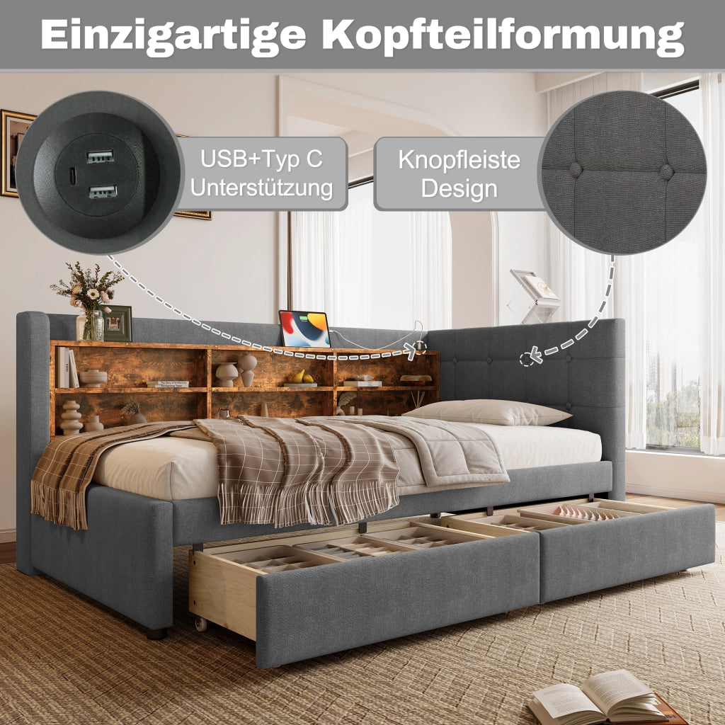 Daybett con funzione divano letto in lino grigio 90x200 cm