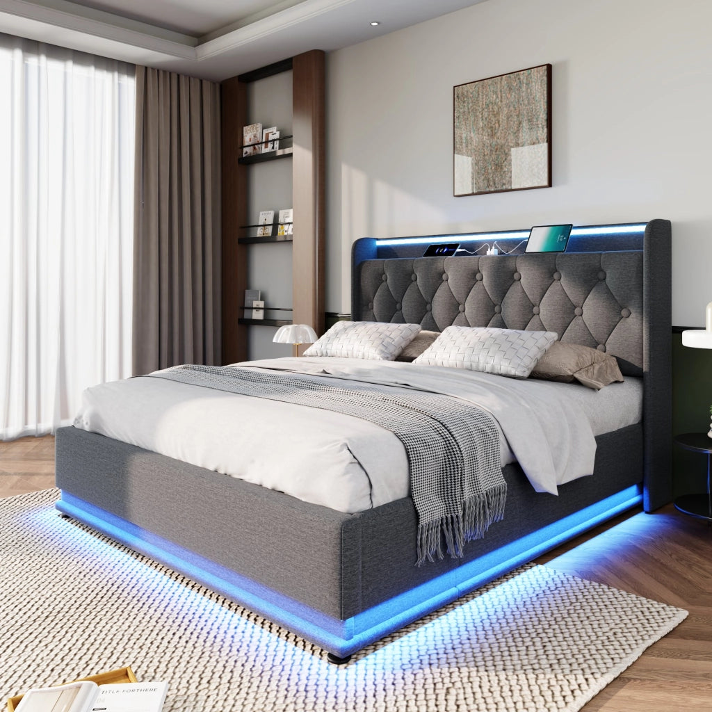 LETTO Contenitore 140x200 cm in lino grigio con LED e USB Type-C