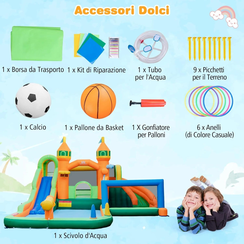Castello Gonfiabile per bambini, Casa Gonfiabile con Scivolo, Area per Saltare, Piscina, con Borsa di Trasporto e Kit di Riparazione, per Bambini di 3-12 Anni (Senza Soffiatore)