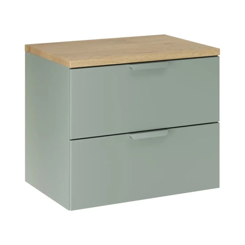 Set da bagno sospeso OSTER 60cm: mobile sotto lavabo con cassetti verde salvia + piano per lavabo effetto rovere chiaro