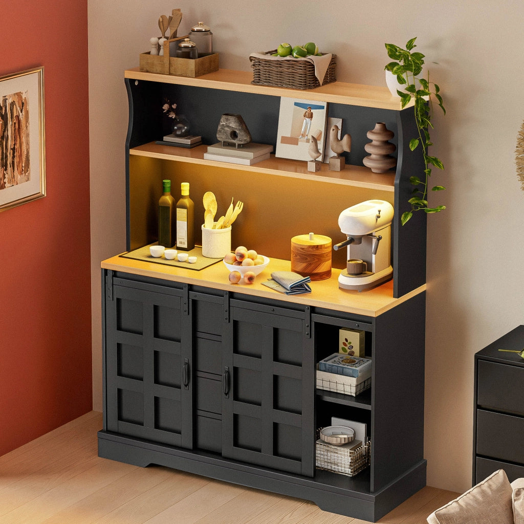 Credenza e madia con 2 ante scorrevoli, 4 cassetti e LED RGB, per cucina e sala da pranzo, nero, 120 × 40 × 150 cm