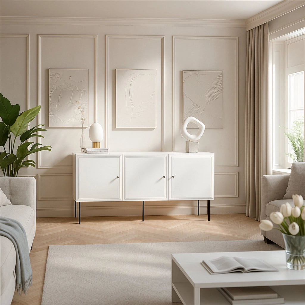 Credenza Vigasio, Madia da salotto con tre ante battenti, Rialzata da terra, 151x40 h75 cm, Bianco