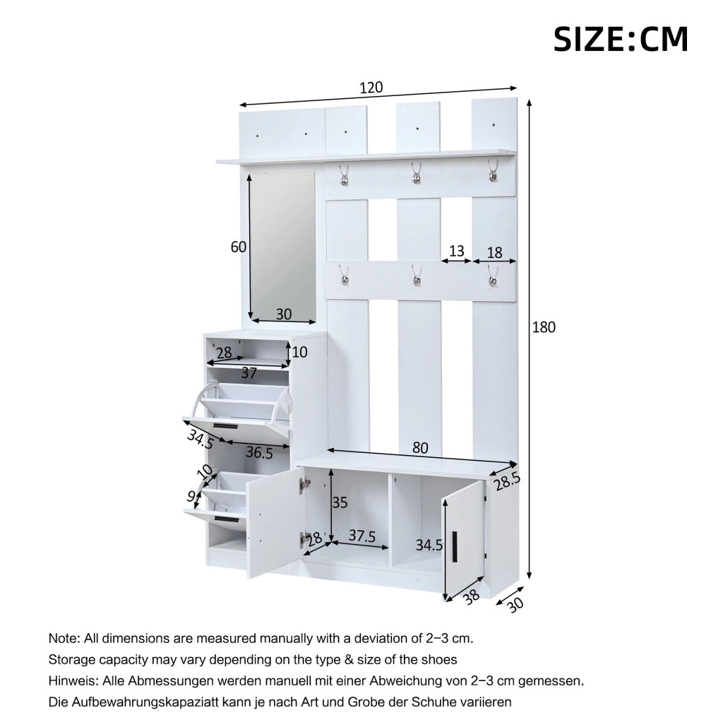 Mobile guardaroba da ingresso con scarpiera, specchio e panca in pannello MDF bianco salvaspazio