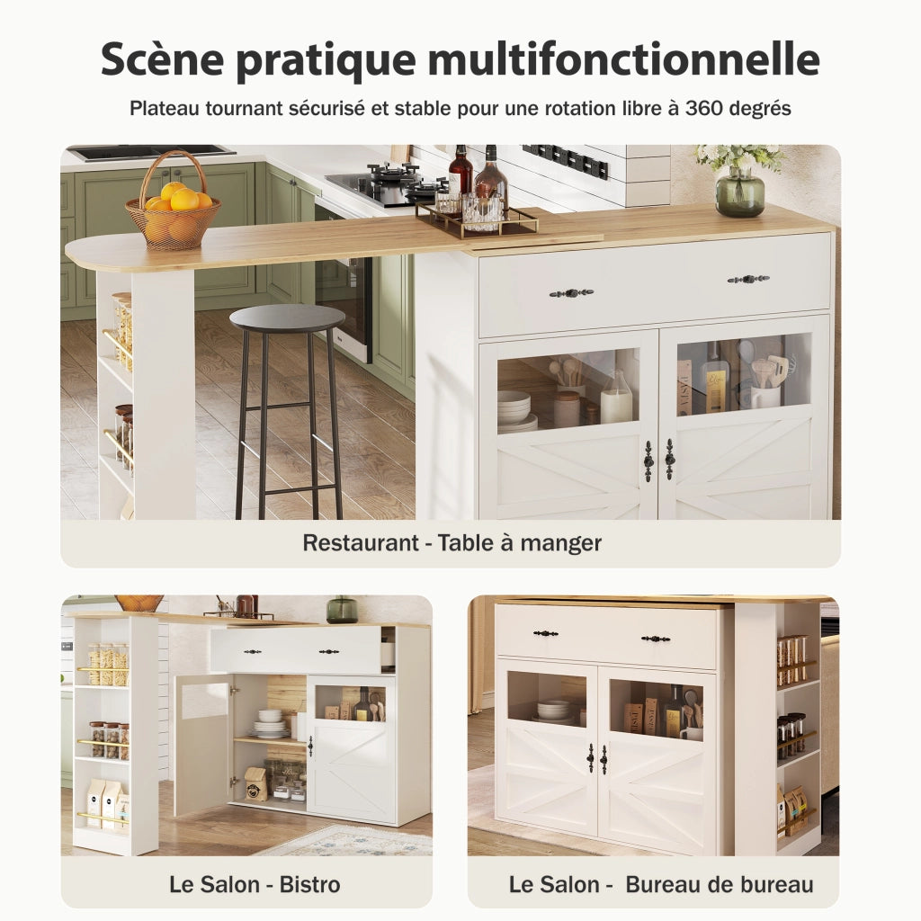 OKWISH Tavolo Bar con 1 Cassetto, Ripiani Regolabili e Rotazione a 360°, per Cucina e Sala da Pranzo, MDF, Bianco, 138-204×39×104 cm