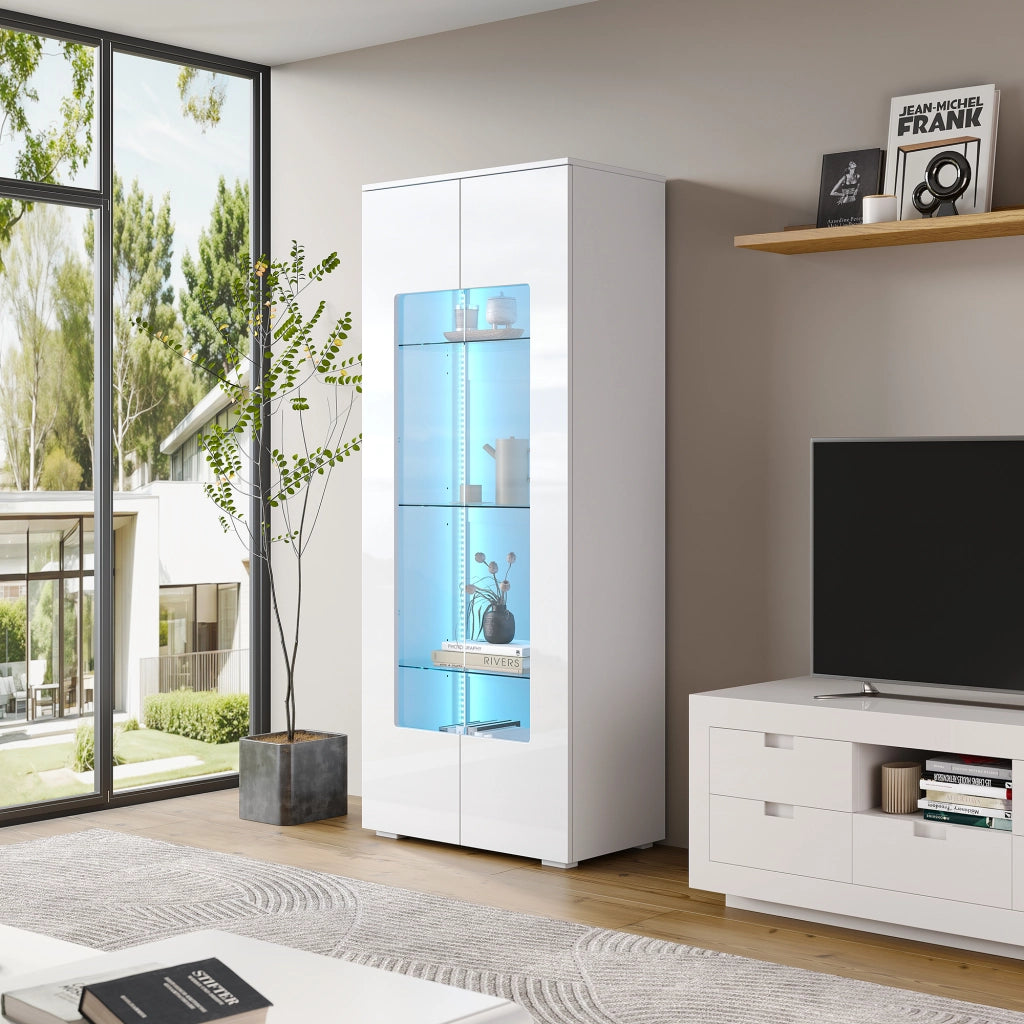 Vetrina con 2 ante in acrilico, ripiani in vetro temperato e LED app, per soggiorno, bianca, 70 × 40 × 173 cm