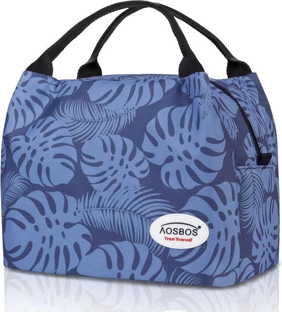 Borsa per picnic, mini-borsa per pranzo per donne, borsa per pranzo, borsa isolante, preparazione pasti, borsa, bicicletta, borsa per colazione, pieghevole, borsa termica, 8,5 l, foglie, blu