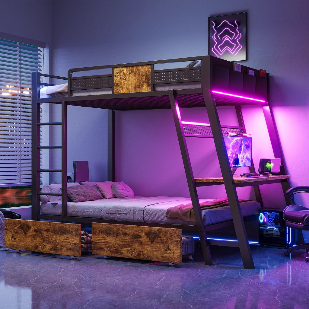 Letto a castello 2 posti per 2 materassi 90 × 200 cm con scrivania, prese, USB e porta tipo C, LED, senza materasso