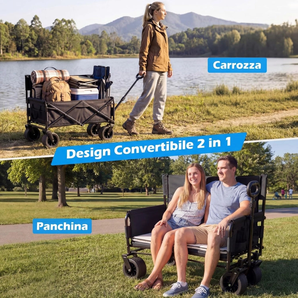 2 in 1 Carrello Pieghevole con Panca, Carrello Trasportabile con Maniglia Regolabile, Cuscini Morbidi e Ruote, Carrello da Giardino in 600D Oxford, 80 kg, 85 L, per Campeggio e Spiaggia (Nero)