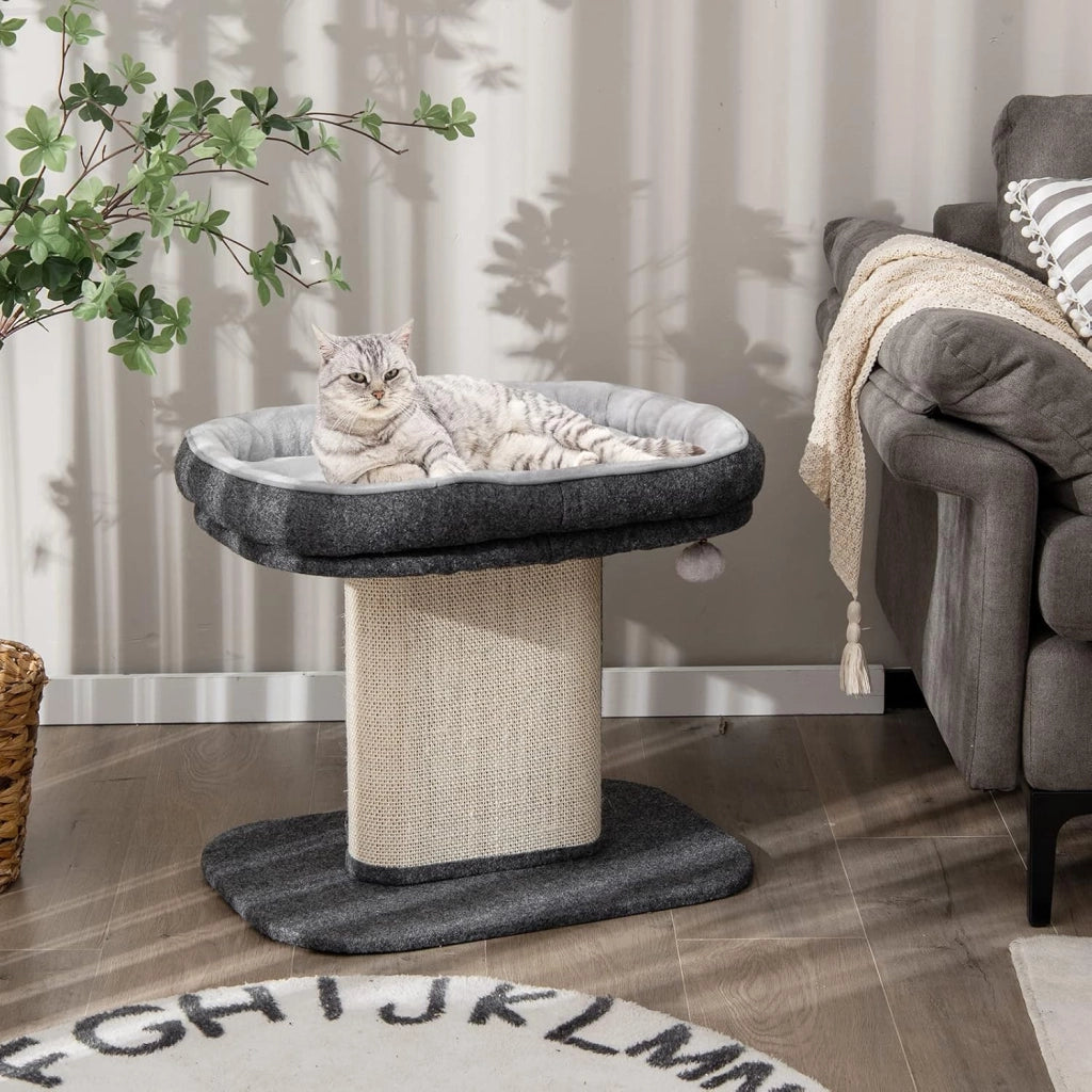 Tiragraffi per Gatti, Albero Tiragraffi Gatto con Grande Cuccia in Peluche e Tiragraffi in Sisal e Palla, Tiragraffi da Divano in Legno per Gatti Piccoli, Portata 20 kg (Grigio)
