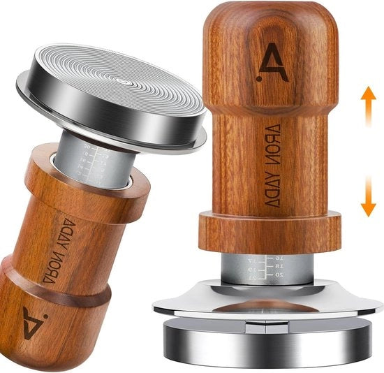 Tamponatore per caffè 58 mm - base a doppia vite - tamponatore per caffè espresso - 136 kg di forza di compressione - manico in noce - acciaio inox 304 - porta filtro 58