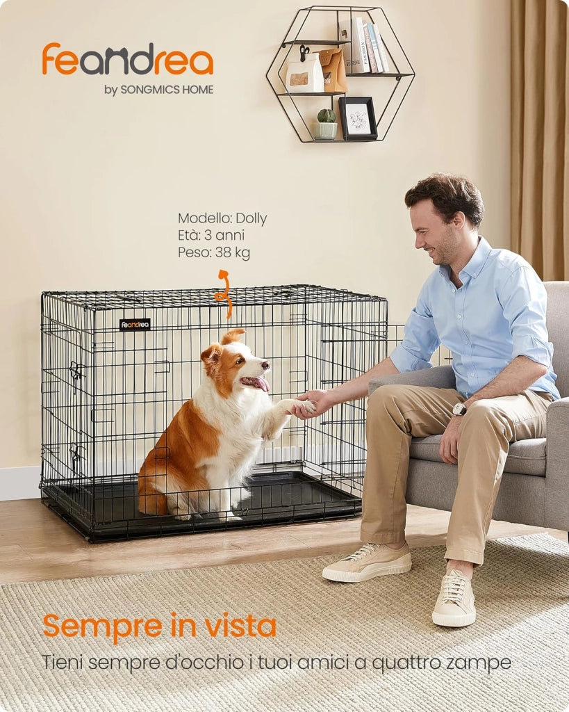 Feandrea Gabbia per Cani Pieghevole, con 2 Porte, Vassoio Rimovibile, 107 x 70 x 77,5 cm, XL, Nero PPD42H