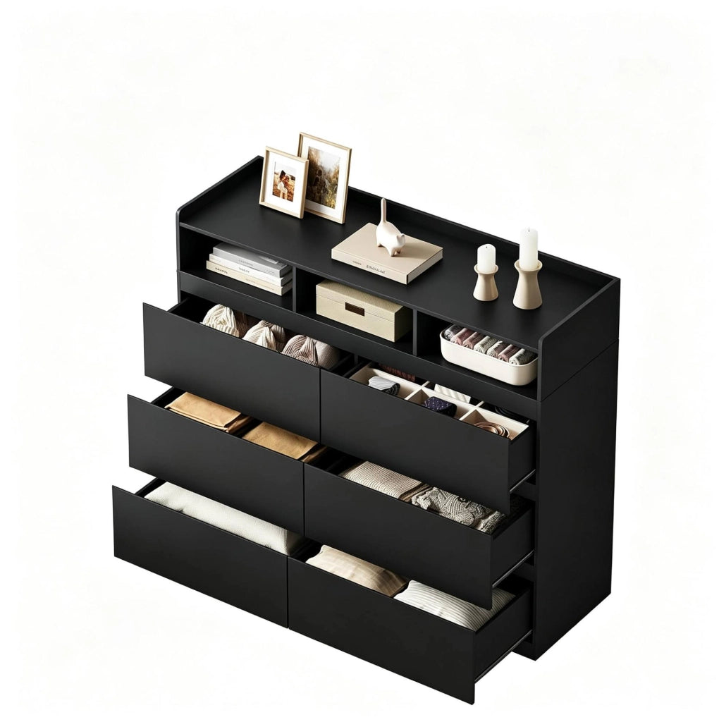 Comò con 6 cassetti e 3 vani aperti 120x40x100 cm in truciolare nero