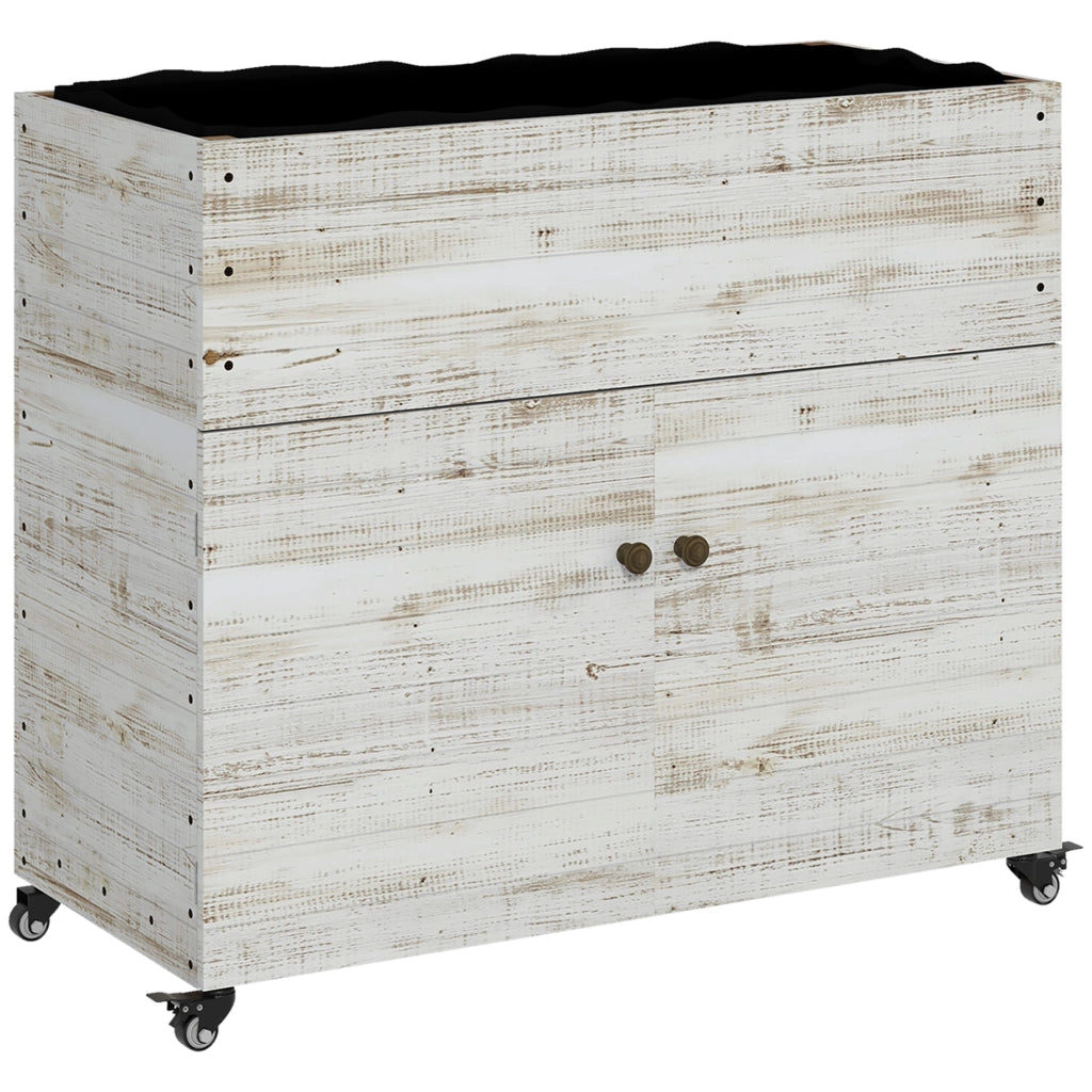 Fioriera rialzata in legno con vano contenitore e ruote 110x50x95 cm bianca
