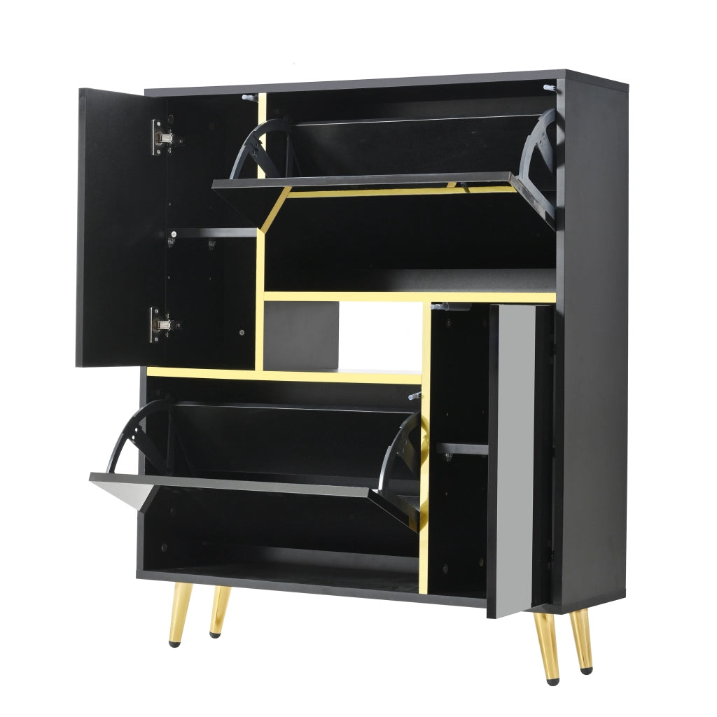 Mobile Scarpiera con 2 Ante e Ripiani Regolabili; LED 16 Colori; Frontale Lucido; Nero; in Pannelli di Particelle; 80×25×96 cm